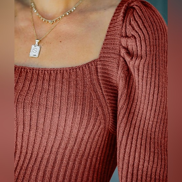 Women's Square Neck Long Lantern Sleeve Sweater Fit Chunky Knitted Pullover - Picture 6 of 6